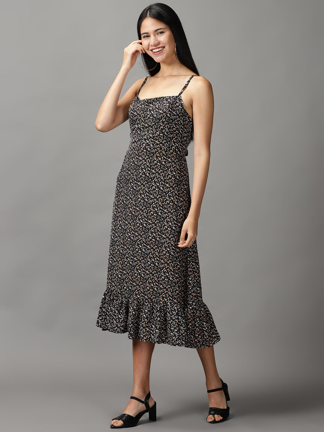 Women's Black Floral Fit & Flare Dress