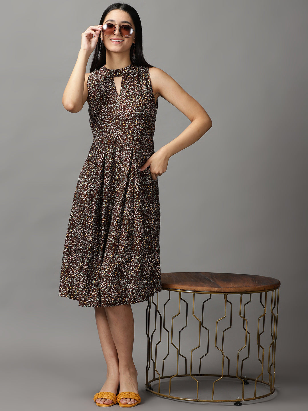 Women's Brown Floral Keyhole Neck Georgette Dress